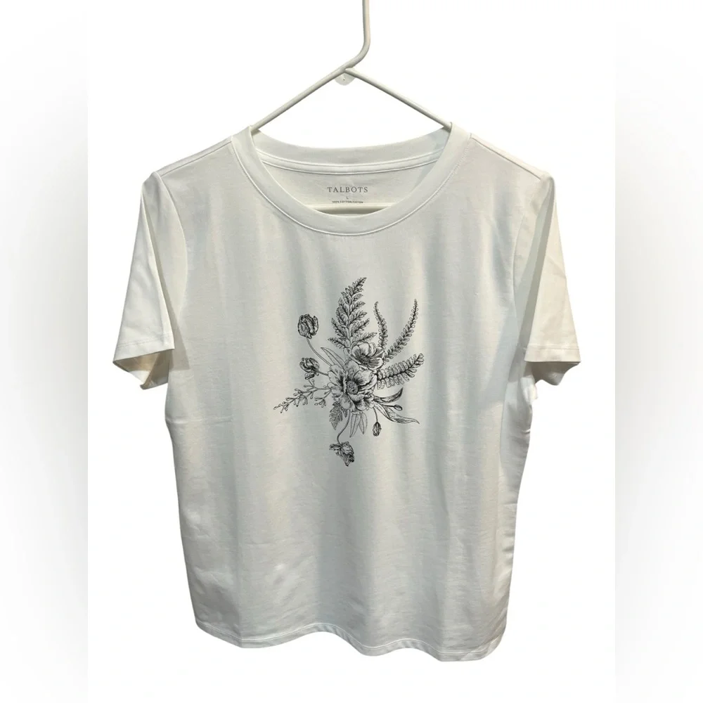 NWT Talbots White Crewneck T-Shirt w/Black Flower Design - Large - Picture 4 of 7